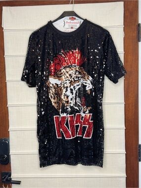 Sequin Black Mini Tshirt Dress with Red Leopard Graphic